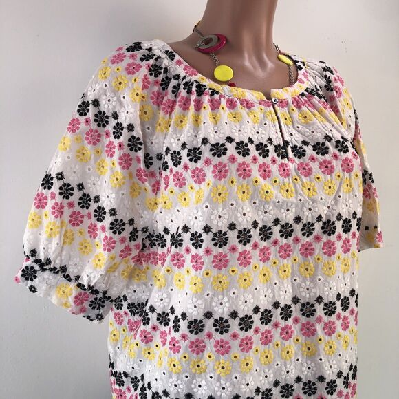 NEW Ruby Rd Womens Multicolor Tropical Blouse Short Sleeve Ruched Side Size M - Picture 2 of 16